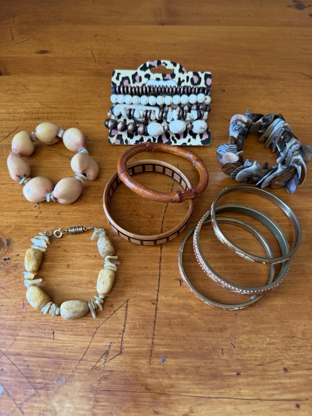 Boho Bracelet Bundle Earth Tone Wood Shell Bamboo Bangles Stretch Mixed Lot Of 9